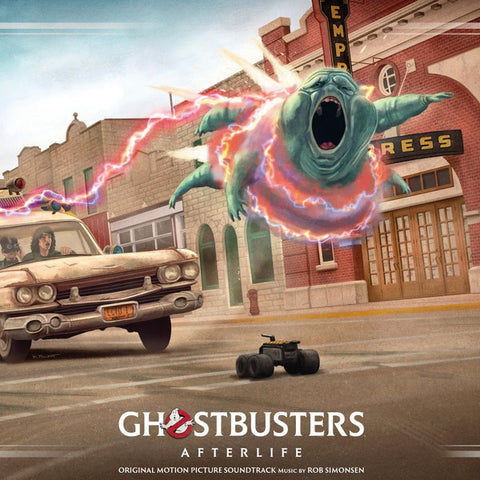 An album cover featuring a scene from the movie 'Ghostbusters: Afterlife' with a ghost being hit by a car on a street, indicating a track from the movie's soundtrack.
