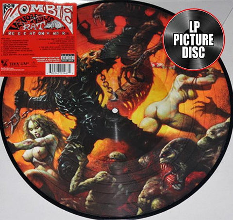 ROB ZOMBIE album 'VENOMOUS RAT REGENERATION' artwork, featuring a picture disc with a vibrant, heavy metal themed illustration including a character resembling Rob Zombie, a rat, and other fantastical elements in a red and black color scheme.