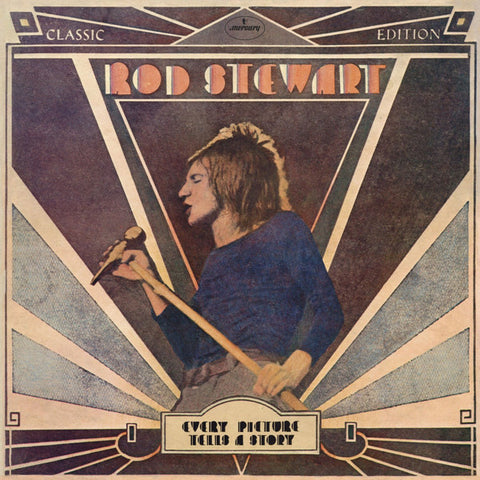 Cover art for Rod Stewart's album 'Every Picture Tells a Story' featuring a stylized image of Rod Stewart holding a microphone stand with a title and byline treatment.