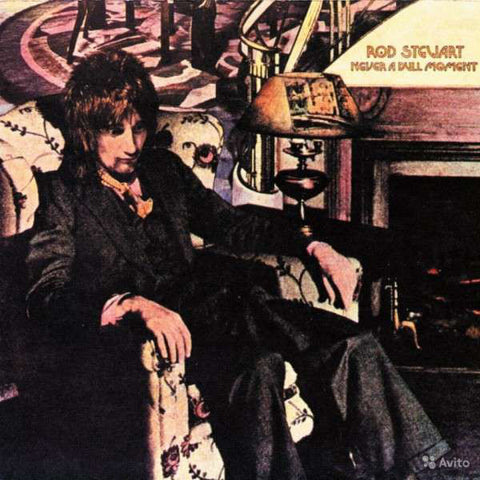 The cover image shows Rod Stewart seated, with a background featuring musical equipment and a sign that reads 'ROD STEWART - NEVER A DULL MOMENT'.