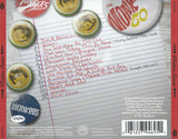 A lined page with the album track listing written with button pins surrounding the page 