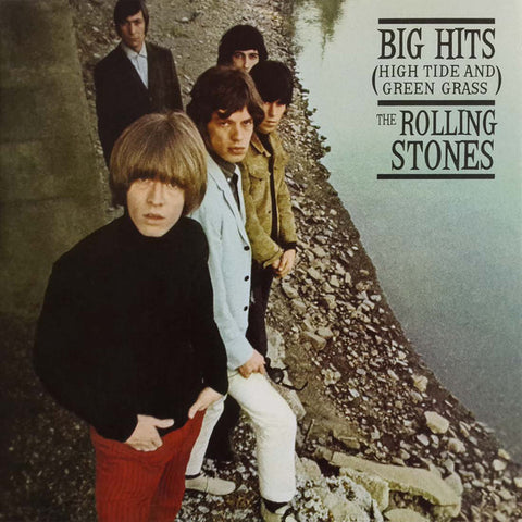 The Rolling Stones album 'Big Hits (High Tide and Green Grass)' cover featuring the band members in casual attire by a river front under a bridge