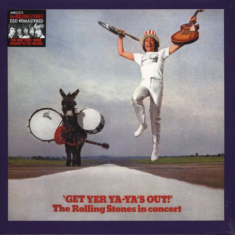 The cover artwork for 'Get Yer Ya-Ya's Out! The Rolling Stones in Concert' featuring a man in a white suit jumping with a guitar over his shoulder, a donkey dressed in a suit holding a guitar, and the text of the song list.