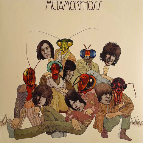 The cover art for 'Metamorphosis' by The Rolling Stones features illustrations of the band members with various Insect heads and is titled 'Metamorphosis'.