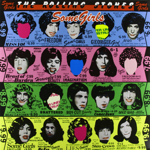 Album cover of 'Some Girls' by The Rolling Stones featuring portraits of band members and guests in a colorful, patterned design.