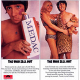 Two album cover images featuring members of the band The Who. One member is holding a bottle labeled 'MEDAC', and the other is embracing a person wearing a leopard print dress.