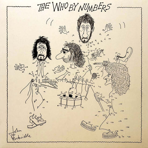 Cover art for 'The Who by Numbers' album featuring a cartoon-style drawing of band members.