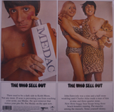 Two album cover images featuring members of the band The Who. One member is holding a bottle labeled 'MEDAC', and the other is embracing a person wearing a leopard print dress.