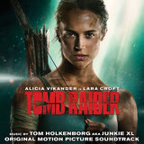 Tomb Raider movie soundtrack featuring an image of Alicia Vikander as Lara Croft with a bow and arrow, and text detailing the movie and composer.