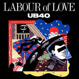 Cover art for UB40's album 'Labour of Love' featuring a colorful, illustrated scene with figures and a cityscape.