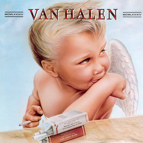 The front cover of the '1984' album by Van Halen features a young child with angel wings holding a cigarette, with the band's name and album title text overlay.