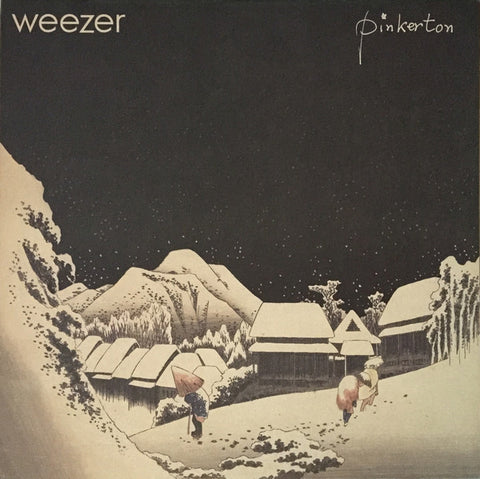 Album cover art for Weezer's 'Pinkerton' featuring a stylized illustration of a snowy landscape with houses and a figure walking.